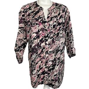 Dana Buchman Blouse Shell Top Women's 0X Plus Black White Pink Abstract-Print NE